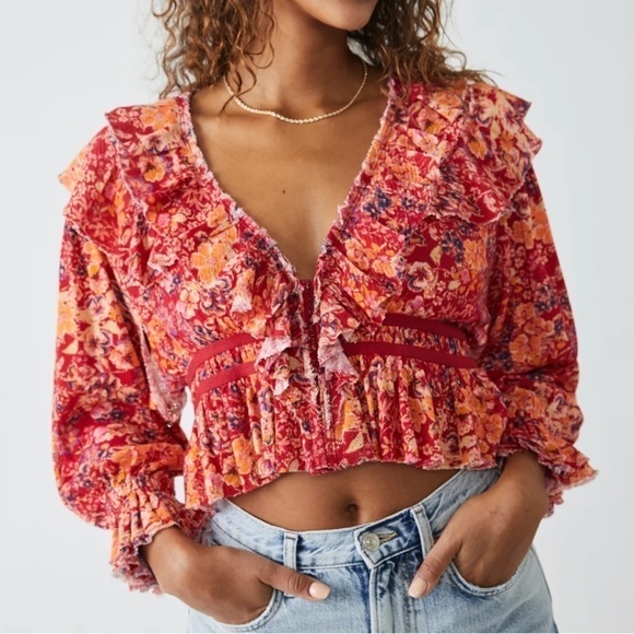 Free People Red Rudi Ruffle Long sleeves Bohemian top size Small - Picture 1 of 16